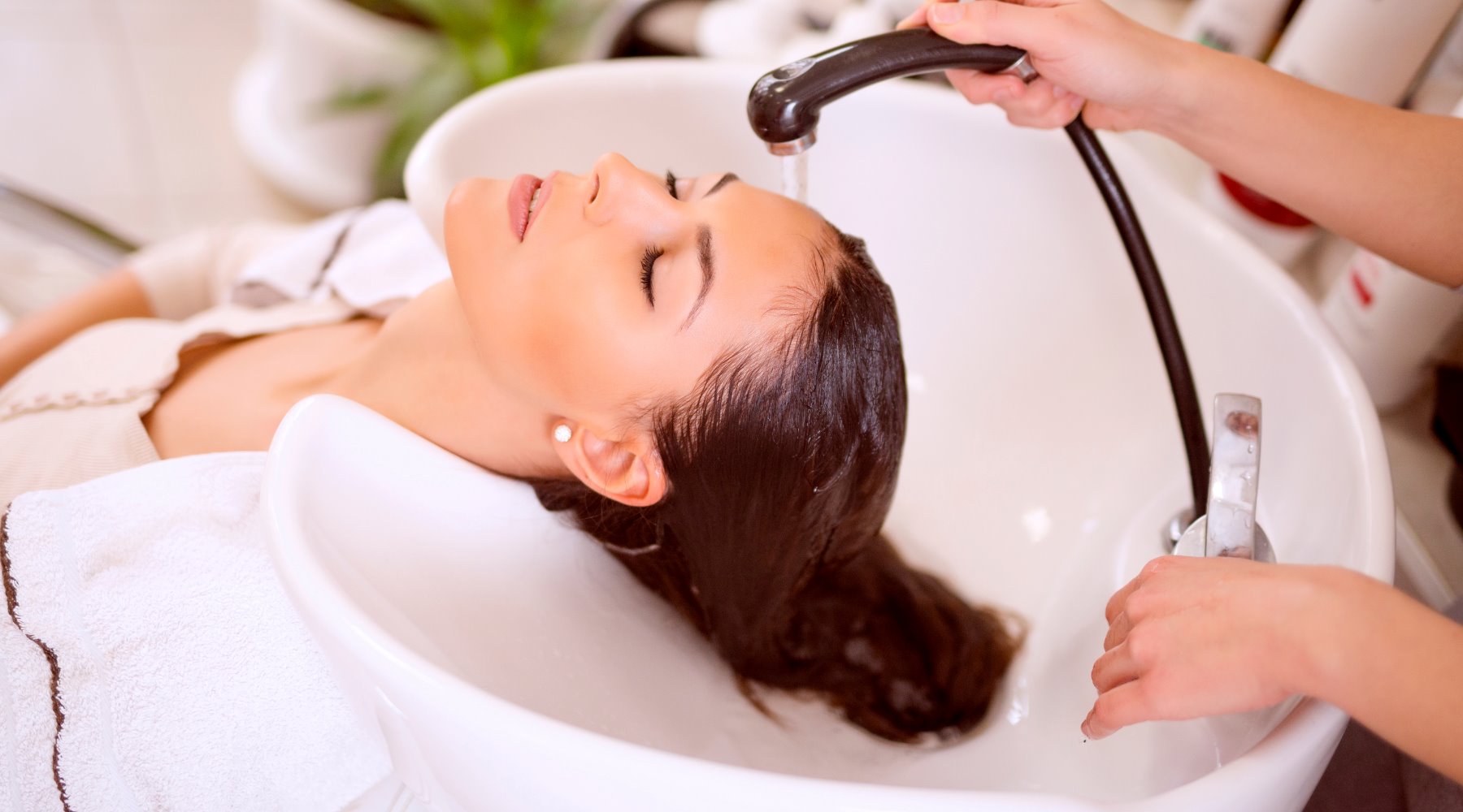 White shampoo wash bowl. Women getting hair washed at a salon in a white sink