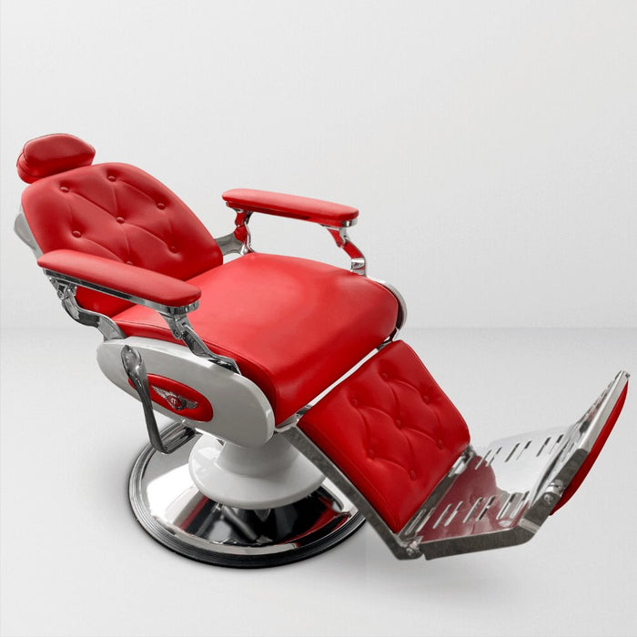 red and white barber chair reclined