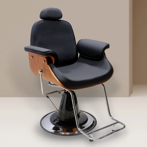 chrome base all purpose recline styling chair. wood Stylist chair in black vegan leather. Arm Chair Style with removable head rest. with a Reclining feature.