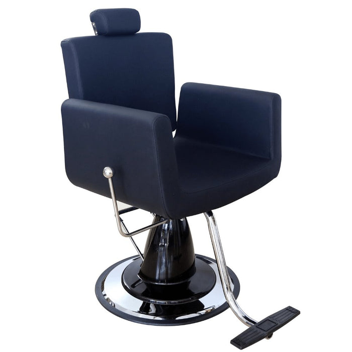 chrome base all purpose recline styling chair. all black stylist chair in black smooth vegan leather. Arm Chair Style with removable head rest. with a Reclining feature.