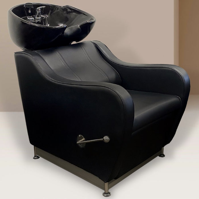Shampoo Unit. hair wash unit in black vegan leather. With a foot rest and recline. offered with White bowl or black bowl.