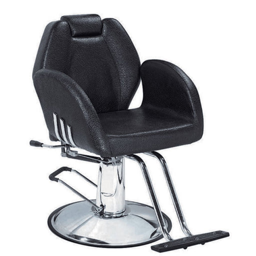 Black styling chair with silver stripes. chrome base all purpose recline styling chair. wood Stylist chair in black vegan leather. Arm Chair Style with removable head rest. with a Reclining feature.