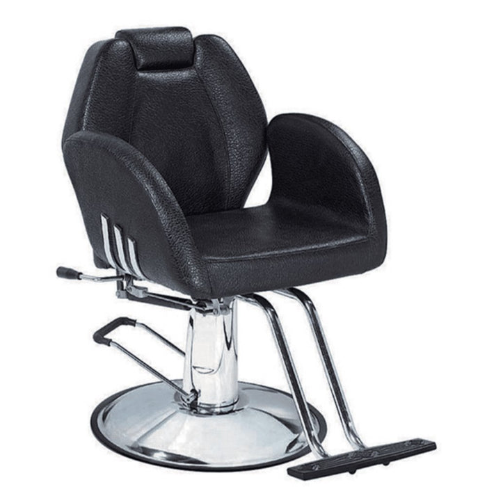 Black styling chair with silver stripes. chrome base all purpose recline styling chair. wood Stylist chair in black vegan leather. Arm Chair Style with removable head rest. with a Reclining feature.