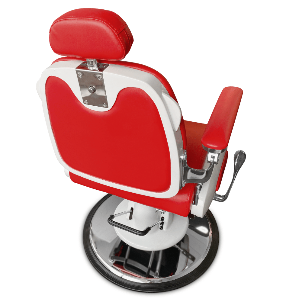red barber chair with white accents