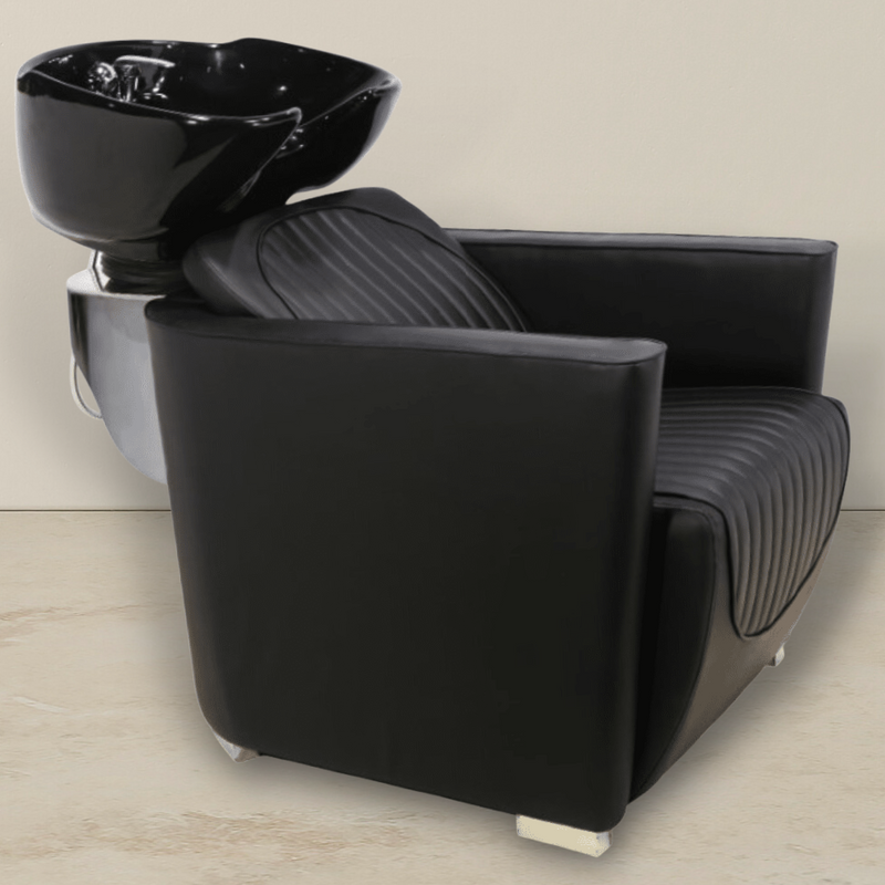 compact shampoo unit. Wash chair in black stitched white sink black sink
