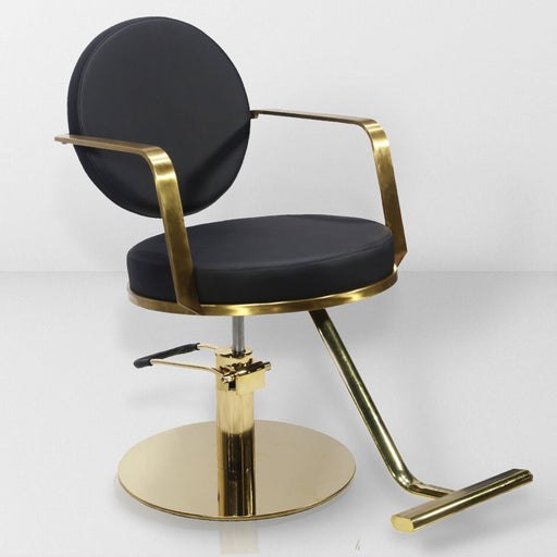 brass gold styling chair. Round Stylist chair in black vegan leather
