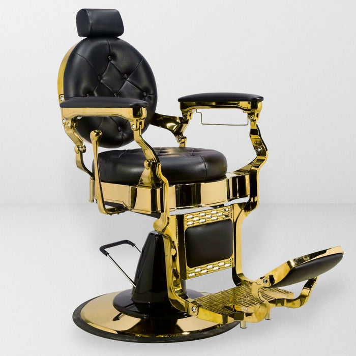 Brass antique barber chair. Black vegan leather. Diamond Tufted design. Gold finish.