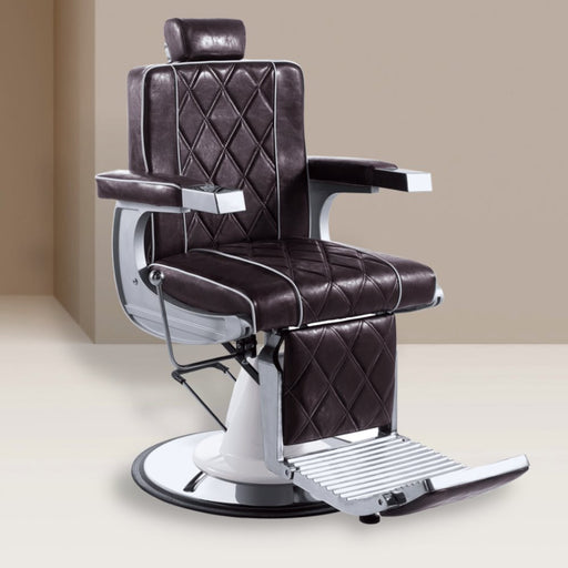 Traditional barber chair. Upholstered in bbrown vegan leather. Diamond stitch. Padded arms and white base.