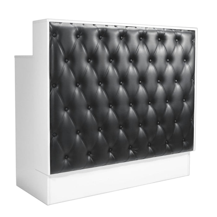Product image for reception desk. Black diamond tufted reception desk in vegan leather. Black and white color
