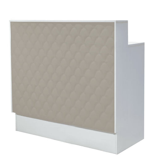 Product image for reception desk. cream diamond tufted reception desk in vegan leather. beige and white color
