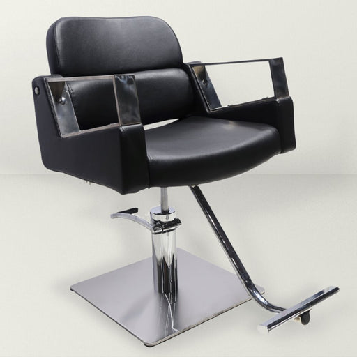 Black vegan leather styling chair. Stylist chair with square flat chrome base and chrome arms.
