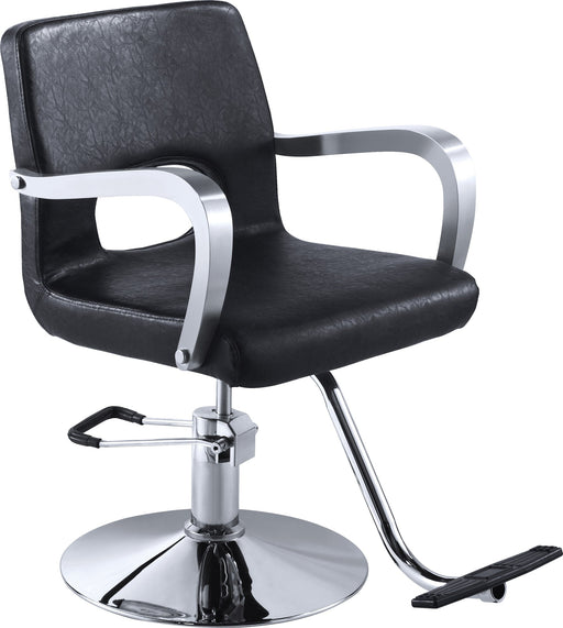 Black vegan leather styling chair. Stylist chair with round chrome base and chrome arms.