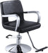 Black vegan leather styling chair. Stylist chair with round chrome base and chrome arms.