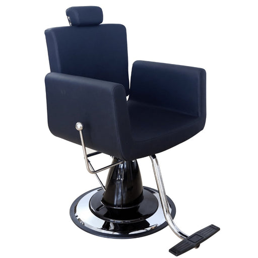 chrome base all purpose recline styling chair. all black stylist chair in black smooth vegan leather. Arm Chair Style with removable head rest. with a Reclining feature. 