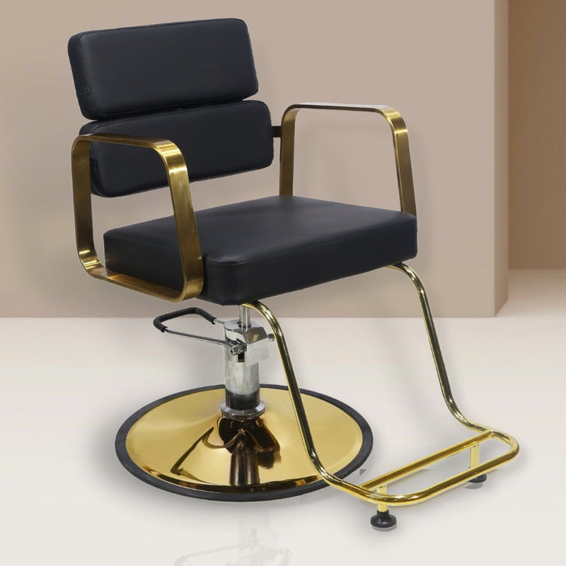 brass gold styling chair. square Stylist chair in black vegan leather