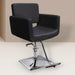 Black vegan leather styling chair. Stylist chair with square chrome base and rounded upholstered arms. 