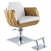 Gold and white Styling Chair. Stylist chair with separate foot rest. Chrome base