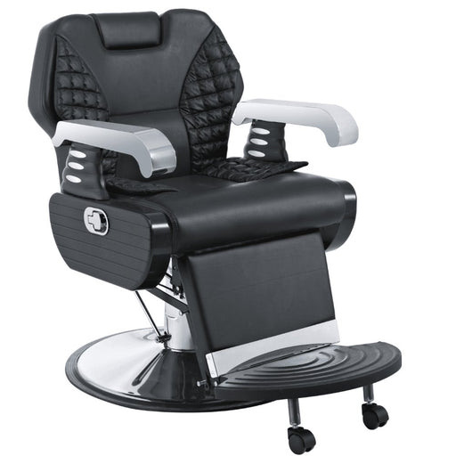 retro bulky barber Chair. upholstered in black vegan leather with silver accents
