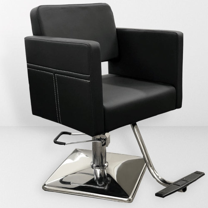 Black vegan leather styling chair. Stylist chair with square chrome base and upholstered arms with contrast stitching