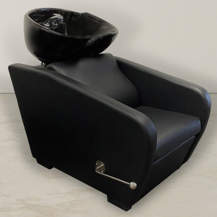 black Shampoo Unit. hair wash unit in black vegan leather. With a foot rest and recline. offered with White bowl or black bowl.